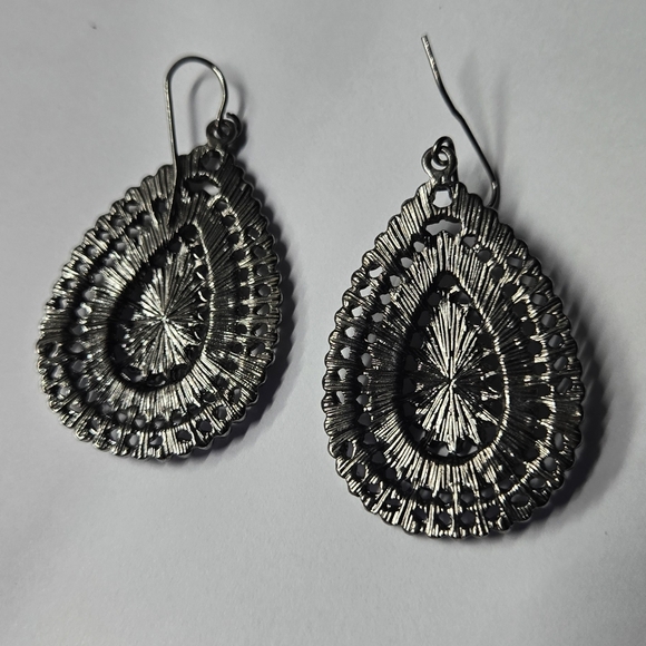 Black Gray Tone Purple Rhinestoned Tan Enamel Teardrop Earrings - Picture 10 of 15